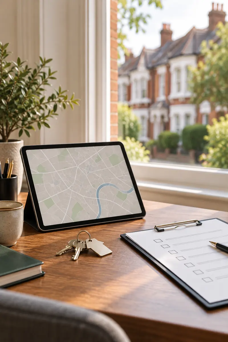 A desk by a window with a tablet map, keys and a checklist