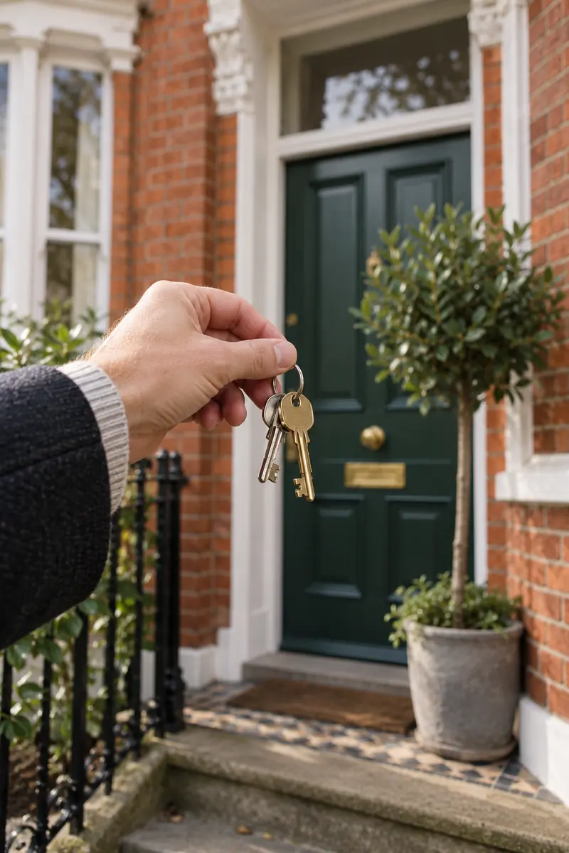 A hand holding house keys in front of a green front door